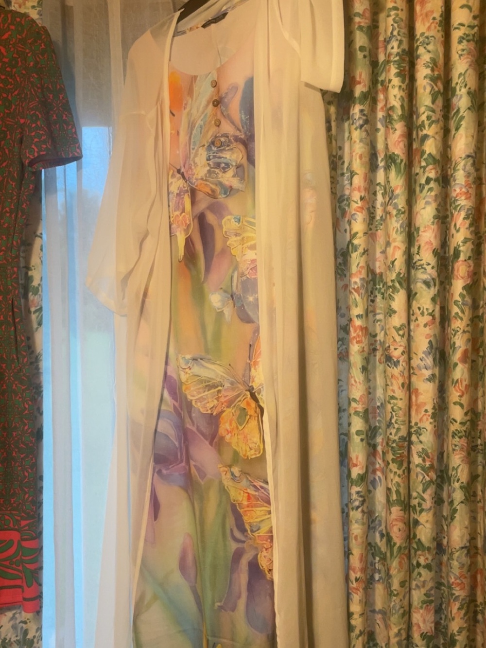 Light Cream Butterfly Print Women's Dress with Pastel Multicolor Underdress